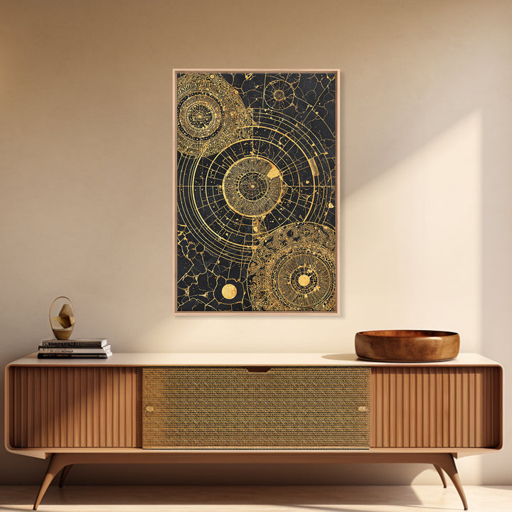 Gold Astronomical Circles On Black Stone Wall Art, Celestial Abstract Canvas Print, Luxury Geometric Decor, Modern Office Art