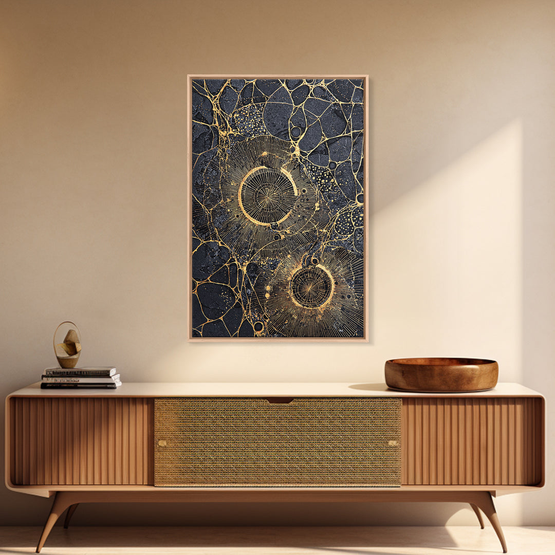 Black Gold Cellular Circles Abstract Wall Art, Textured Celestial Canvas Print, Luxury Modern Decor, Statement Office Art