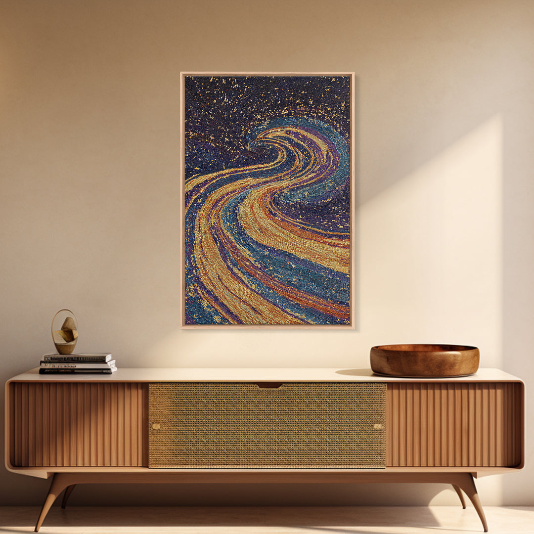 Swirling Gold Blue Cosmic River Canvas Print, Abstract Wall Art, Dreamy Galaxy Decor, Modern Boho Living Room Art Gift Poster