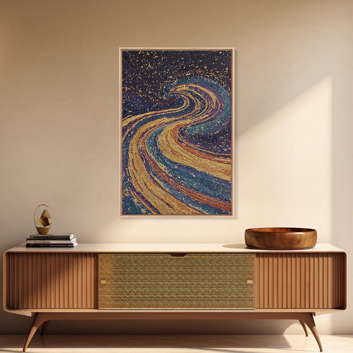 Swirling Gold Blue Cosmic River Canvas Print, Abstract Wall Art, Dreamy Galaxy Decor, Modern Boho Living Room Art Gift Poster