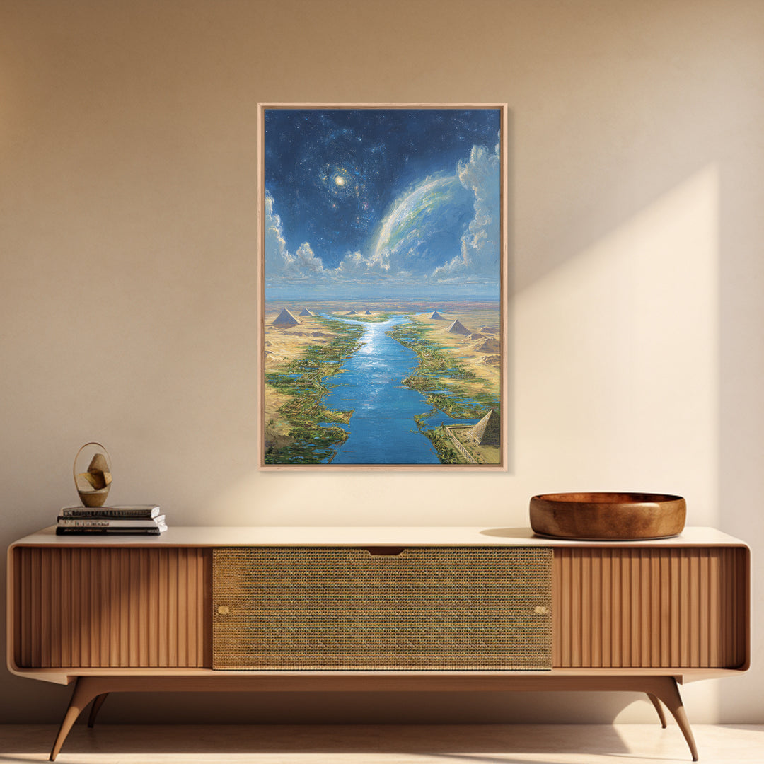 Cosmic Nile Pyramids Landscape Framed Canvas Print, African Egyptian Art, Desert River Wall Decor, Mystical Ancient Artwork