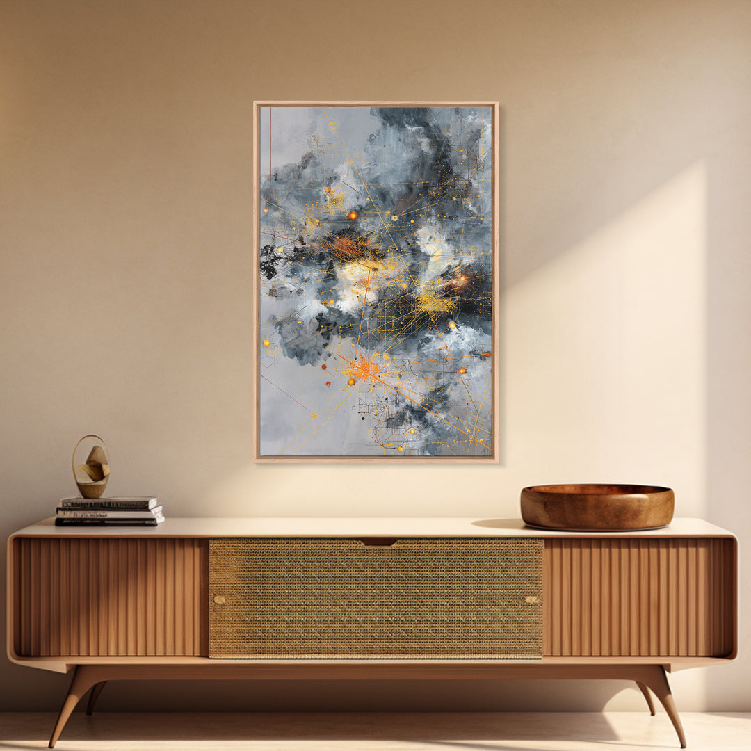 Stormy Gray Gold Network Canvas Print, Abstract African Art Decor, Modern Office Wall Art, Industrial Geometric Line Artwork
