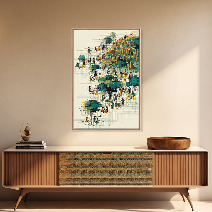 Vibrant African City Community Wall Art, Afrocentric Urban Landscape, Black Culture Art, Modern Teal Gold Decor Canvas Print