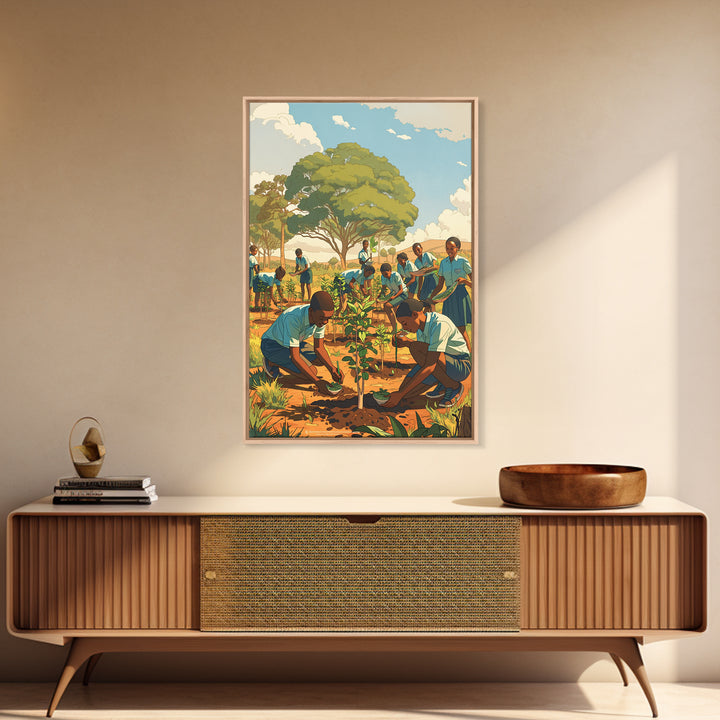 African School Garden Tree Planting Framed Canvas Print, Black Children Art, Community Nature Scene, Cultural Wall Decor