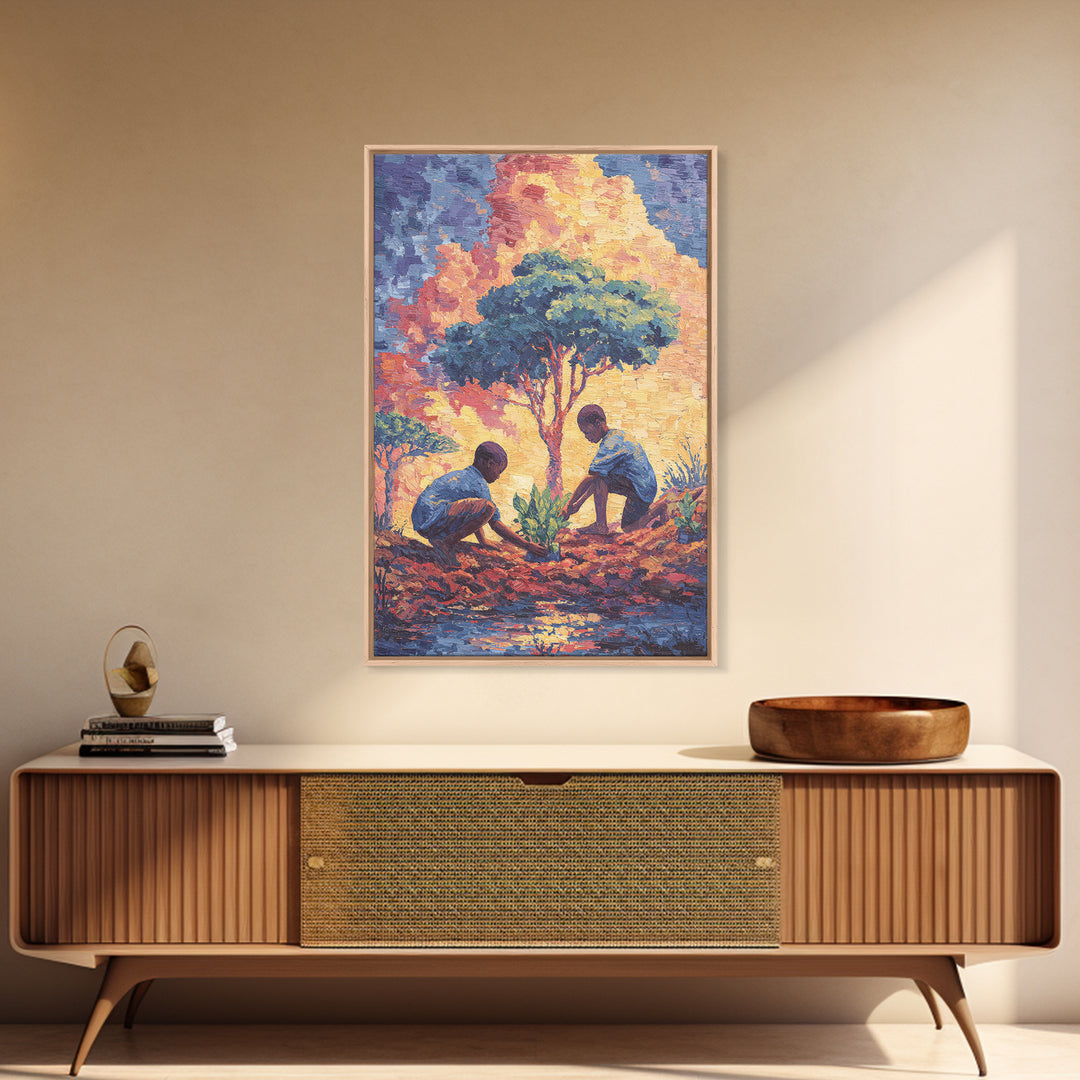 Two Boys Plant Saplings By River Under Acacia Tree Wall Art, African Landscape, Afrocentric Decor, Earth Tone Home Decor
