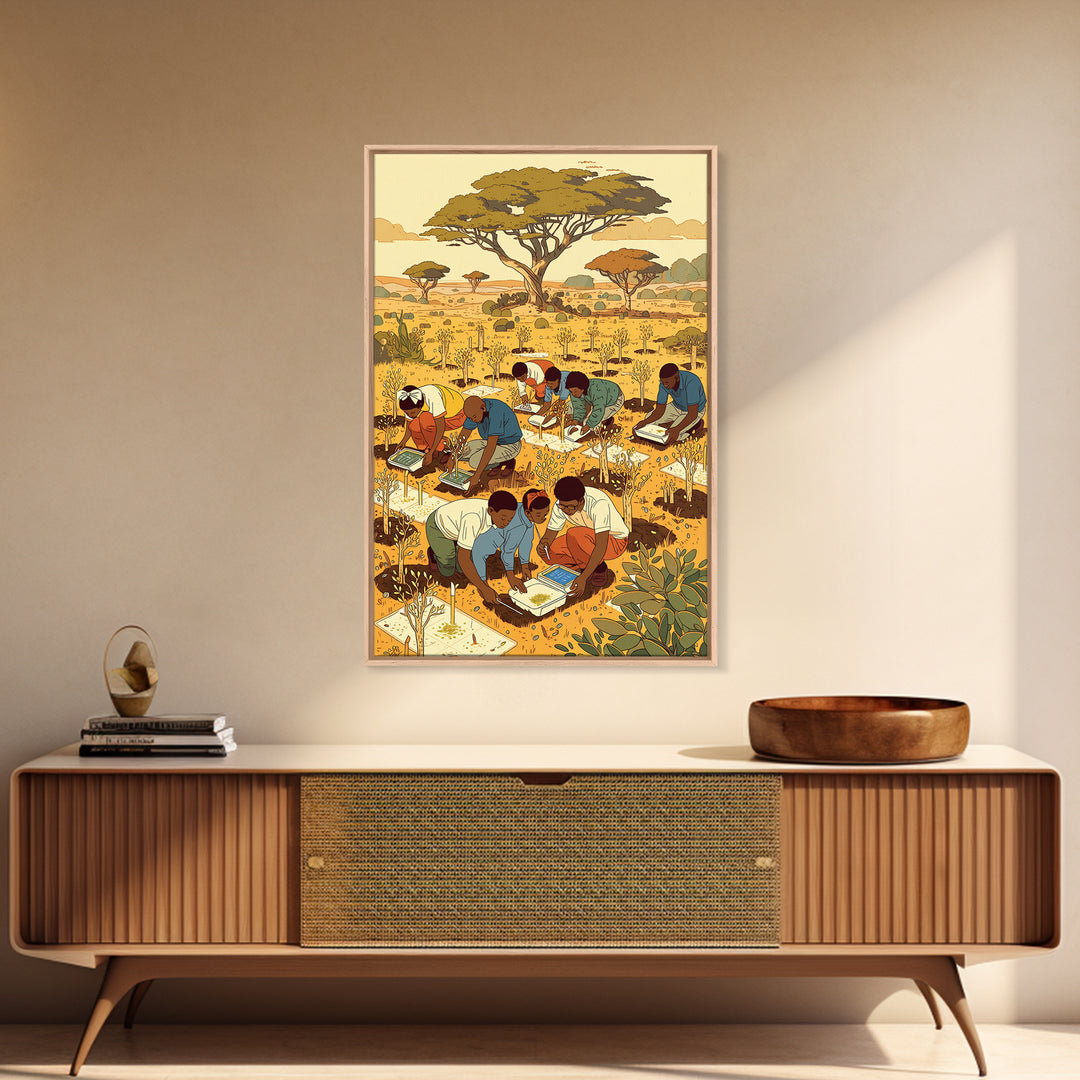 Children Planting Saplings In Golden Savanna Canvas Print, African Safari Art, Classroom Decor, Cultural Artwork Gift For Kids