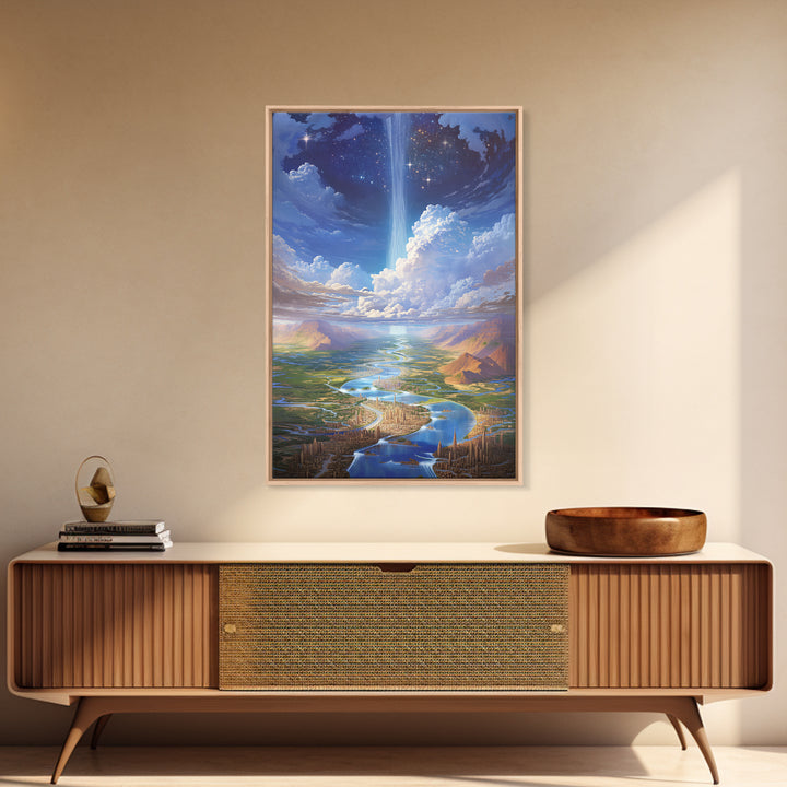 Celestial River City With Starry Waterfall Canvas Print, Dreamy Wall Art, Blue Home Decor Gift, Large Decor Art, Statement Wall Art