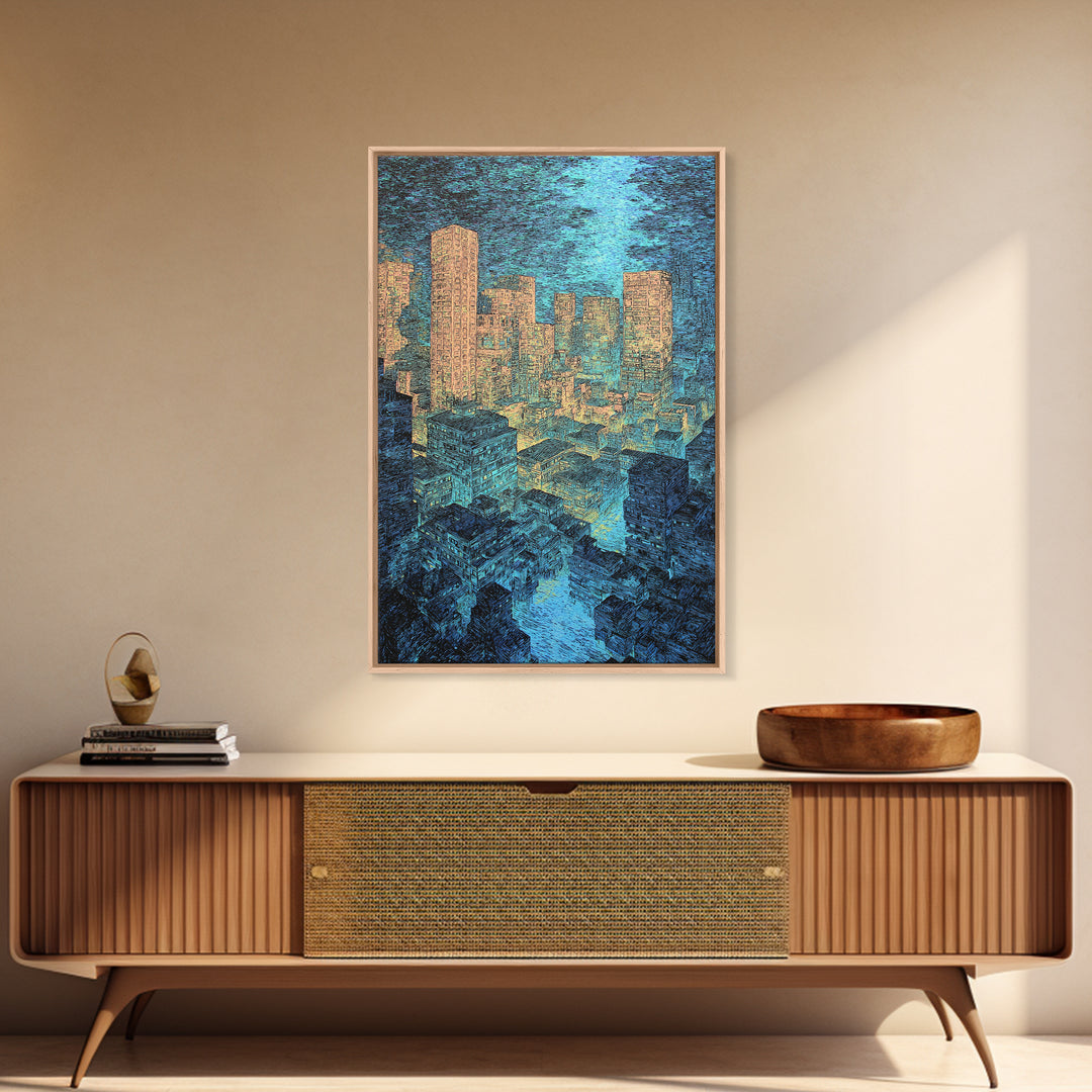 Textured Blue Gold City Skyline Wall Art, Modern Urban Office Decor, Contemporary Canvas, Luxury Canvas Art Print, Large Wall Art Prints