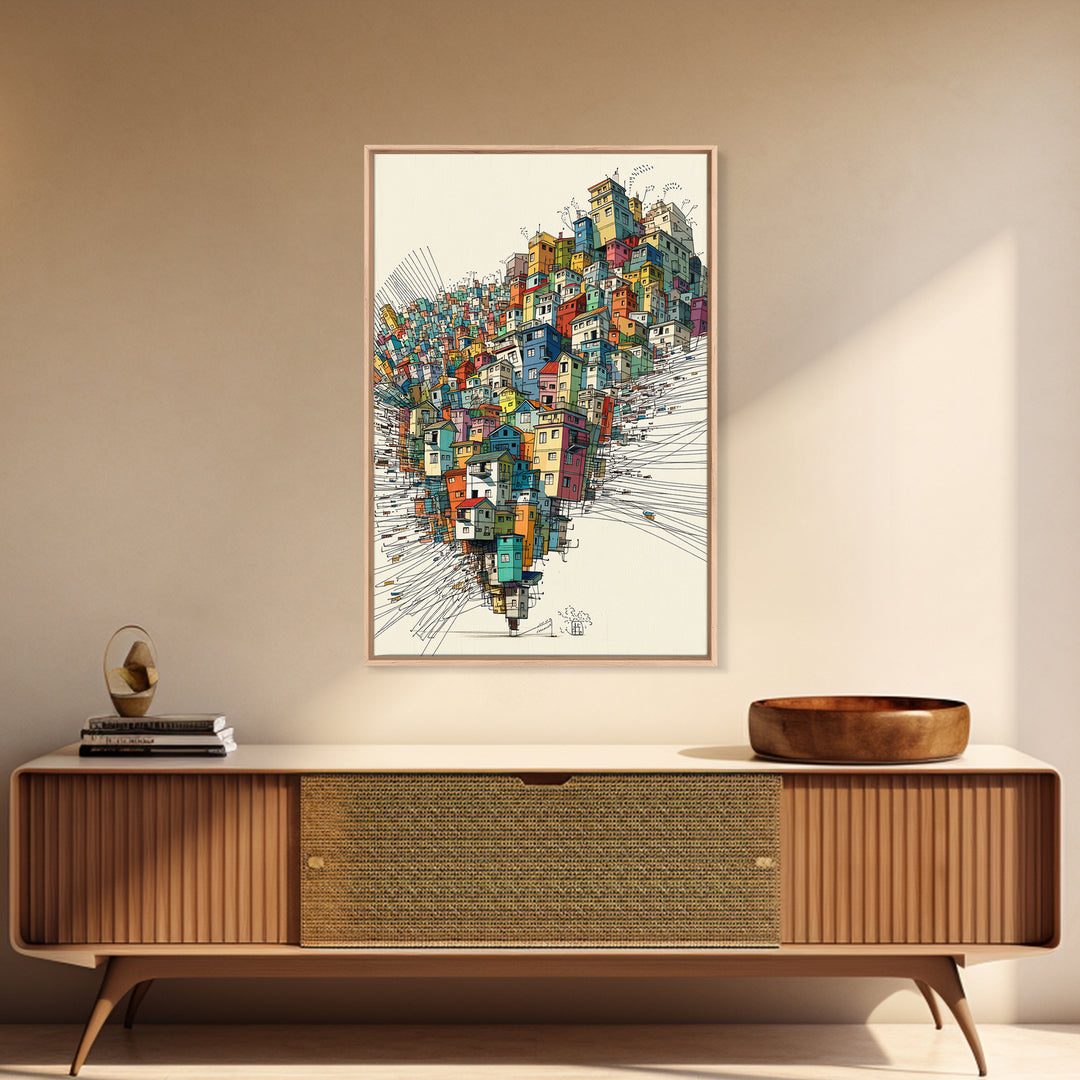 Stacked Colorful Hillside Houses Framed Canvas Print, Urban Wall Art, Geometric Design, Bold Home Decor Gift, Statement Wall Art