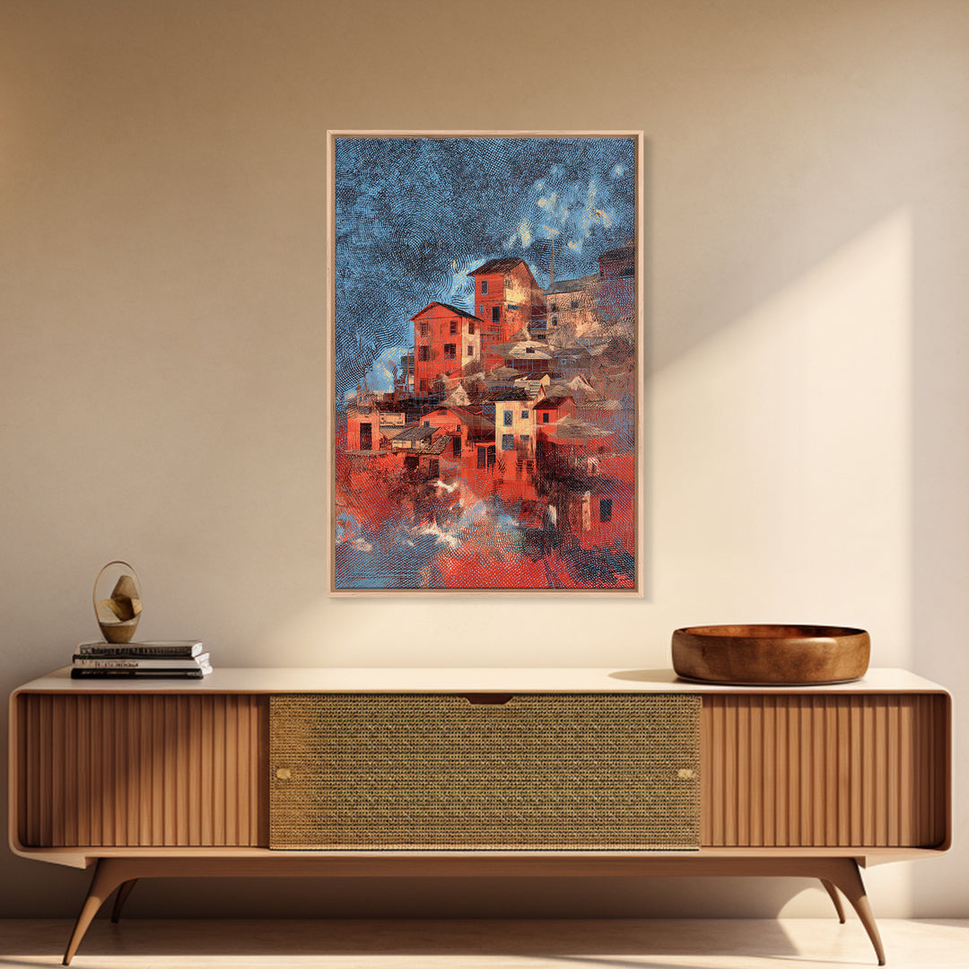 Red Hillside Village At Starry Night Canvas Print, Cozy Winter Wall Art, Rustic Decor, Unique Home Decor Gift, Orange Blue Painting