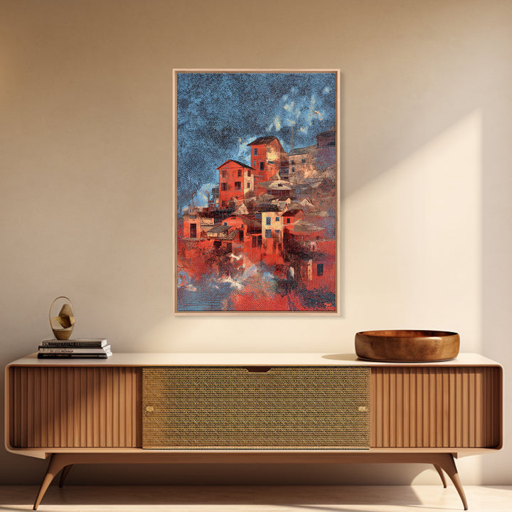 Red Hillside Village At Starry Night Canvas Print, Cozy Winter Wall Art, Rustic Decor, Unique Home Decor Gift, Orange Blue Painting