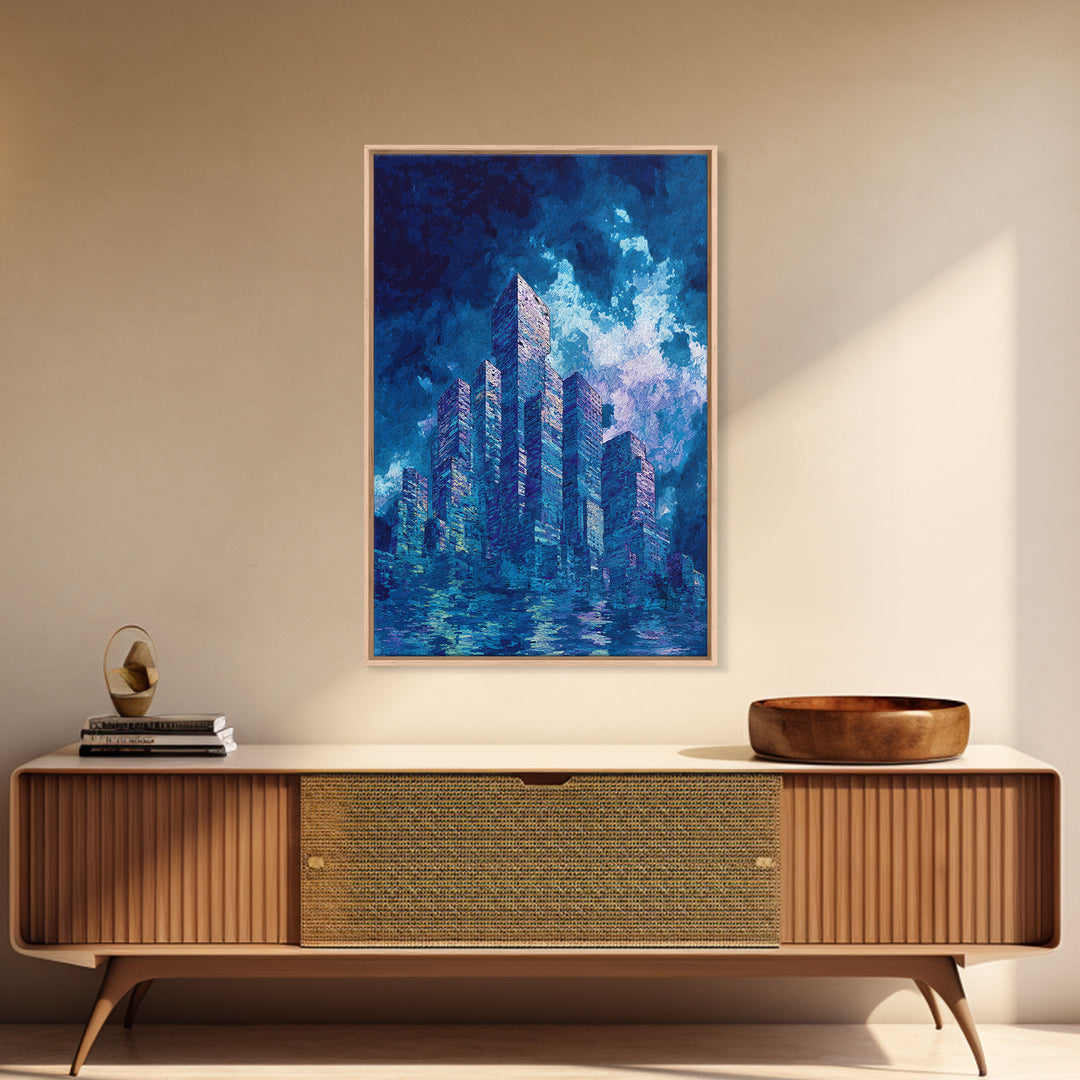 Blue Futuristic Skyline Framed Canvas Print, Modern City Wall Decor, Urban Architecture Art, Luxury Canvas Art For Office