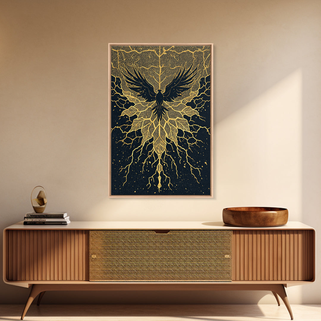 Black And Gold Bird With Roots Wall Art, Spiritual Wall Decor, Mystical Wall Art, Elegant Home Decor, Unique Canvas Art Print