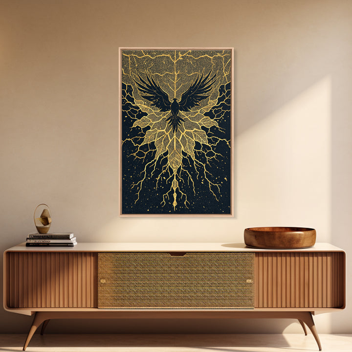 Black And Gold Bird With Roots Wall Art, Spiritual Wall Decor, Mystical Wall Art, Elegant Home Decor, Unique Canvas Art Print