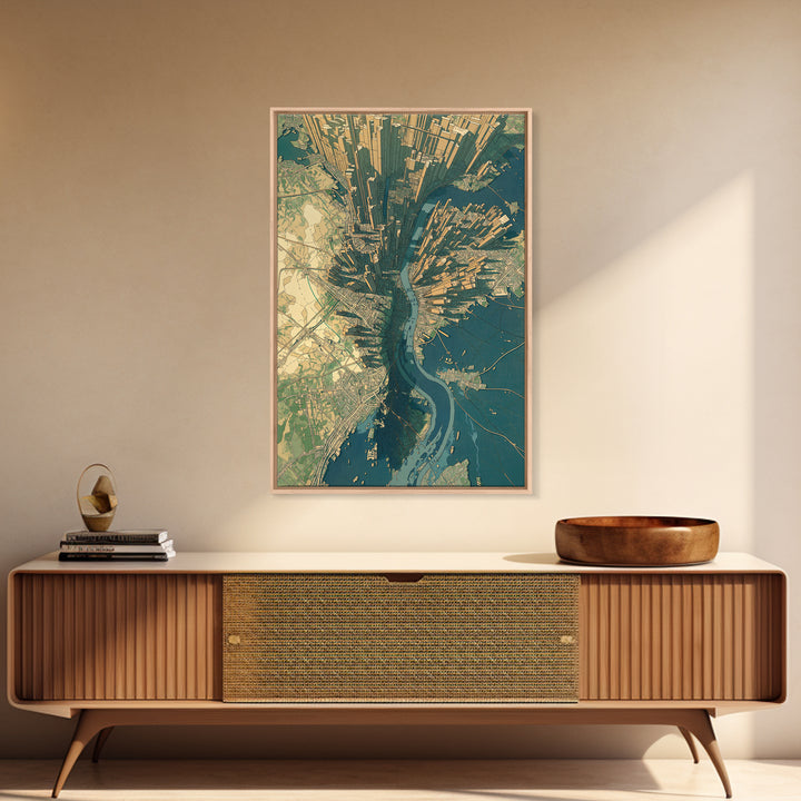 Aerial City Map Canvas Print, Urban Wall Art, Modern Architecture Poster, Teal And Gold Art, Office Decor, Statement Wall Art