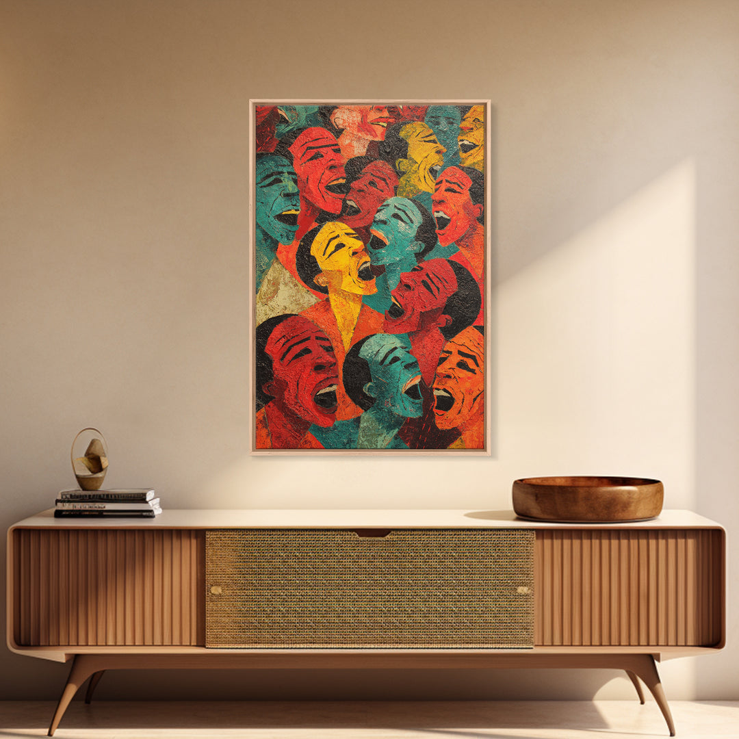 Colorful Laughing Faces Canvas Print, African Mask Art, Abstract African Art, Black Culture Art, Vibrant Wall Decor, Unique Gift