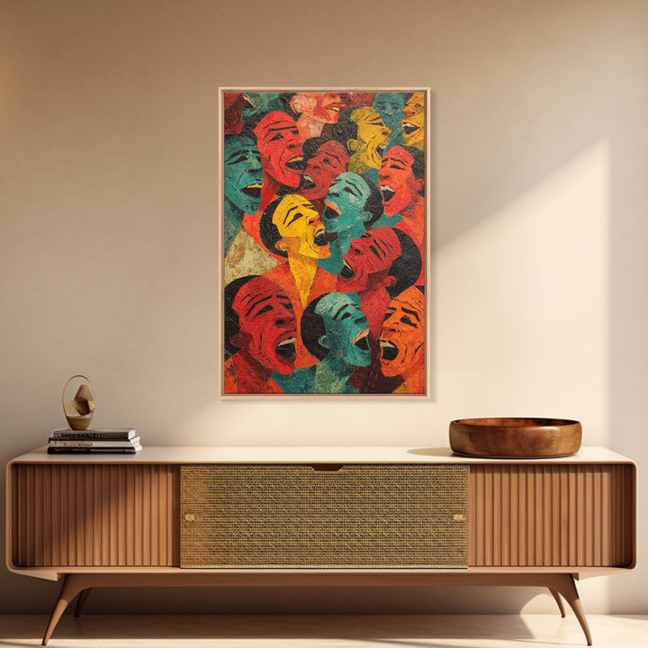 Colorful Laughing Faces Canvas Print, African Mask Art, Abstract African Art, Black Culture Art, Vibrant Wall Decor, Unique Gift