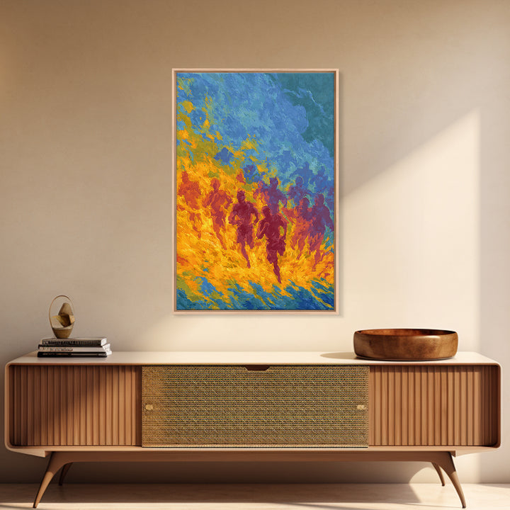 Fiery Runners In Blue And Orange, African Wall Art, Abstract African Art Print, Black Culture Decor, Vibrant Canvas Print