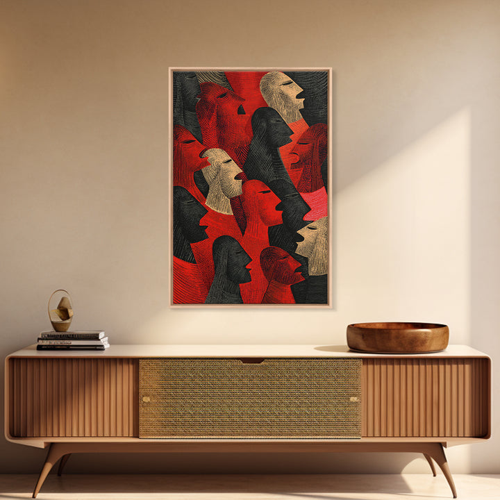 Red And Black Tribal Profile Faces, African Wall Art, Abstract African Art Print, Afrocentric Decor, Modern Canvas Print