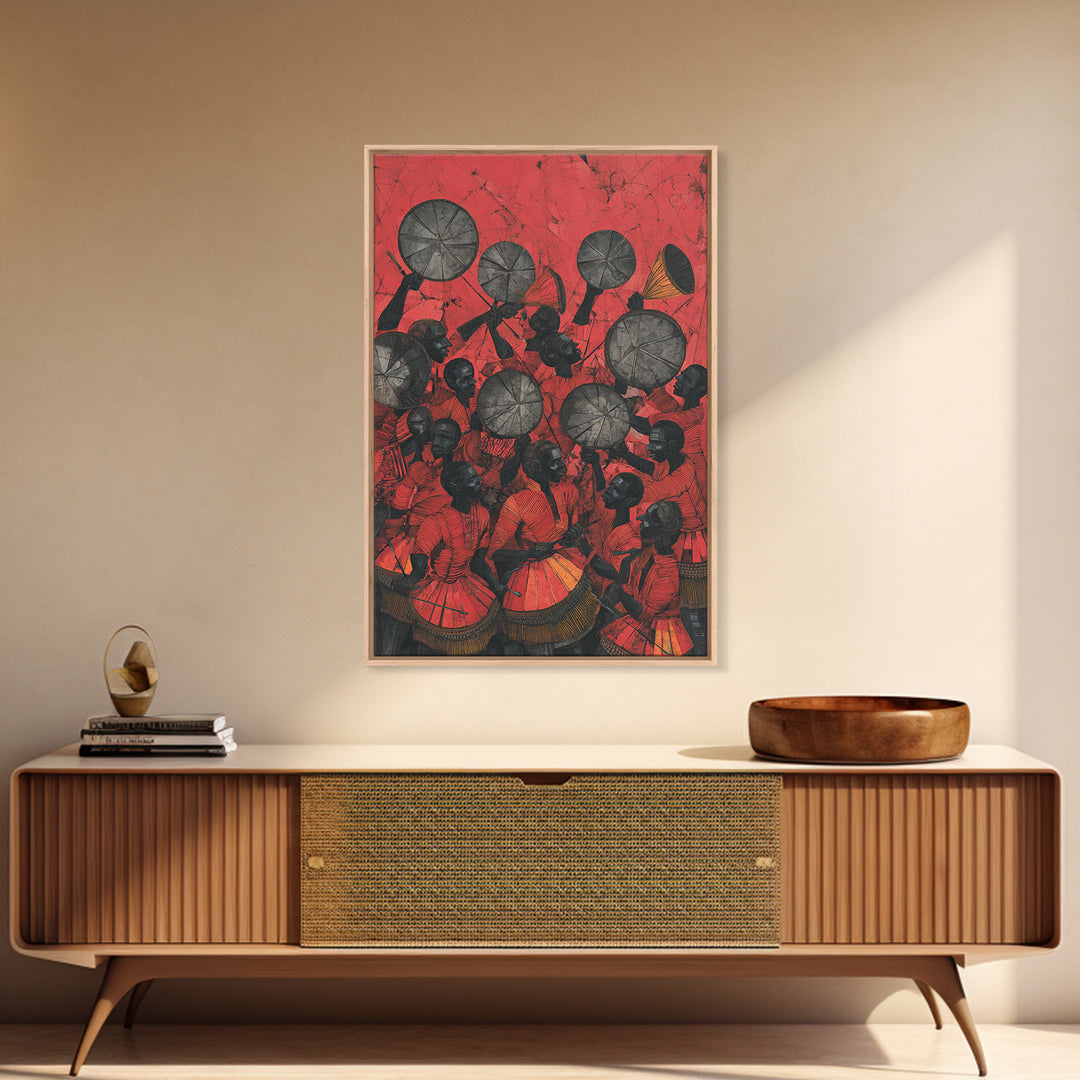 Red Drummers And Round Shields Celebration, African Wall Art, Tribal Art Print, Cultural Home Decor, Vibrant Canvas Print