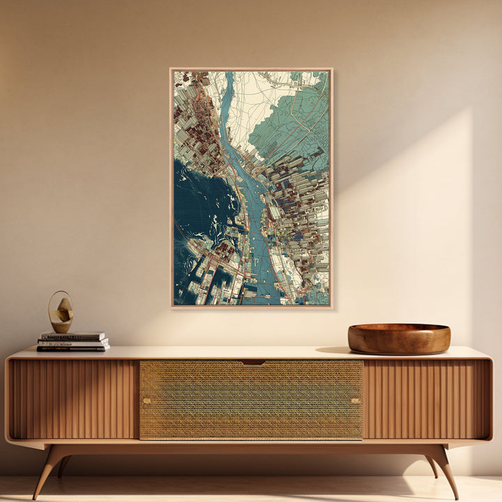 Aerial Coastal City Map With Blue Water, Urban Wall Art, Location Map Print, Modern Office Decor, Gallery Home Decor, Canvas Print
