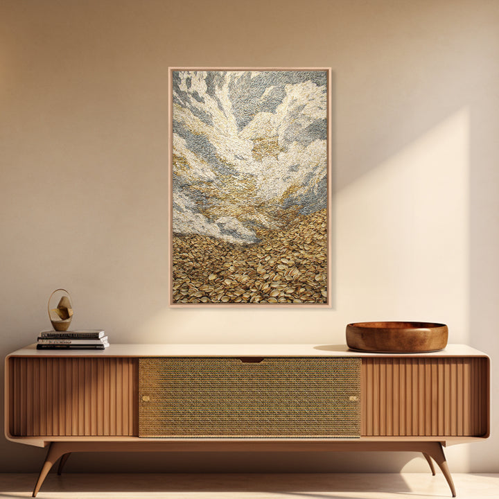 Golden Pebble Hills And Swirling Clouds, Nature Scene Wall Art, Earth Tone Art Print, Textured Boho Home Decor, Canvas Print