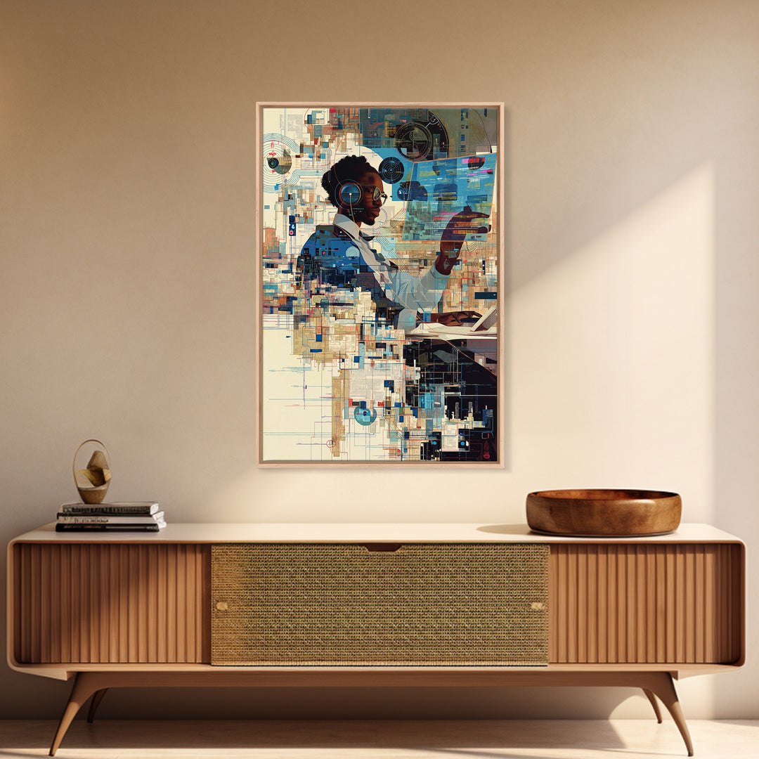 Black Woman Scientist Hologram Wall Art, Afrofuturism Portrait, African American Art Print, Modern Tech Office Decor Gift