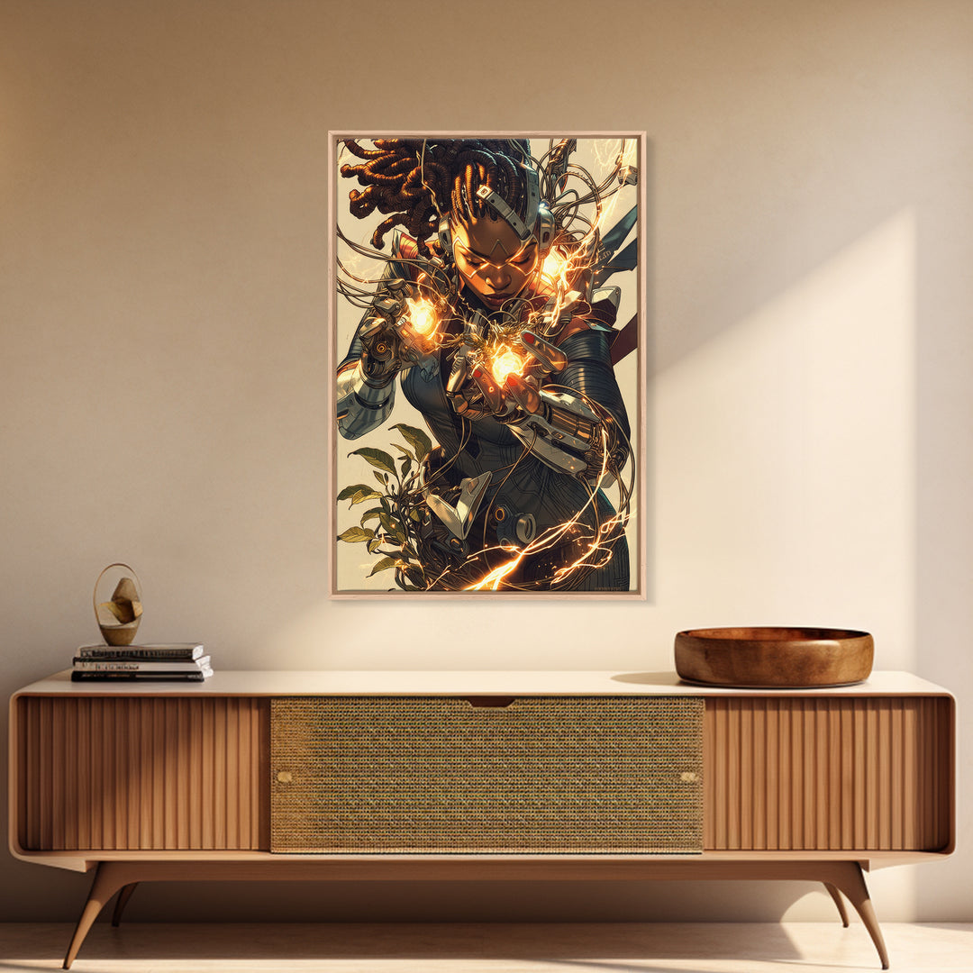 Cyberpunk African Warrior Woman Framed Canvas Print, Afrofuturism Wall Decor, Black Girl Magic, Futuristic Energy Art Gift