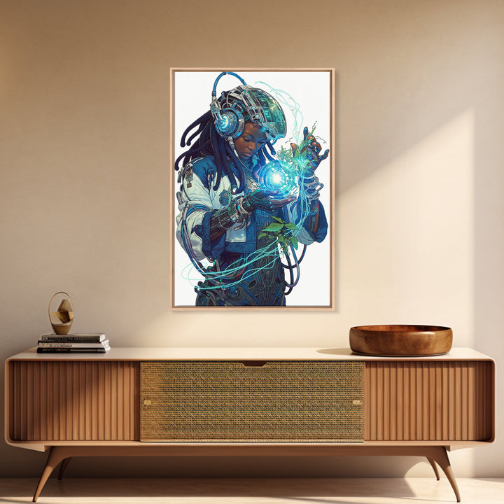 Futuristic African Woman With Glowing Orb Canvas Print, Afrofuturism Decor, Black Female Art, Botanical Tech Wall Art Gift