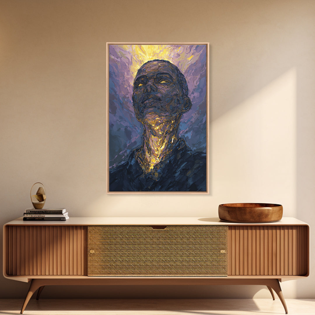 Radiant Black Man Portrait Wall Art, Gold Halo Abstract Painting, Modern African American Art, Spiritual Home Decor Gift