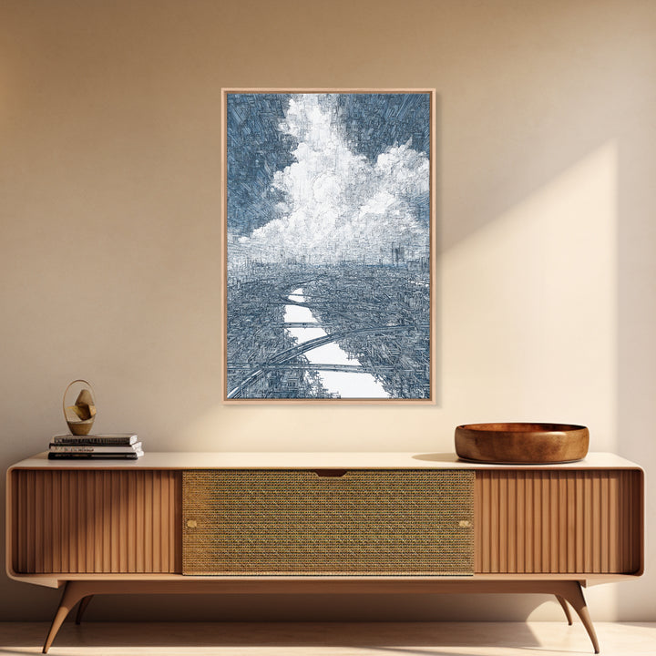 Intricate City River Cloud Wall Art, Blue Gray Urban Landscape Print, Modern Architecture Decor, Large Living Room Art Gift