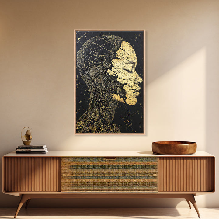 Gold Anatomical Profile Framed Canvas Print, Abstract Face Art, Black And Gold Wall Decor, Luxury Modern Portrait Gift For Him