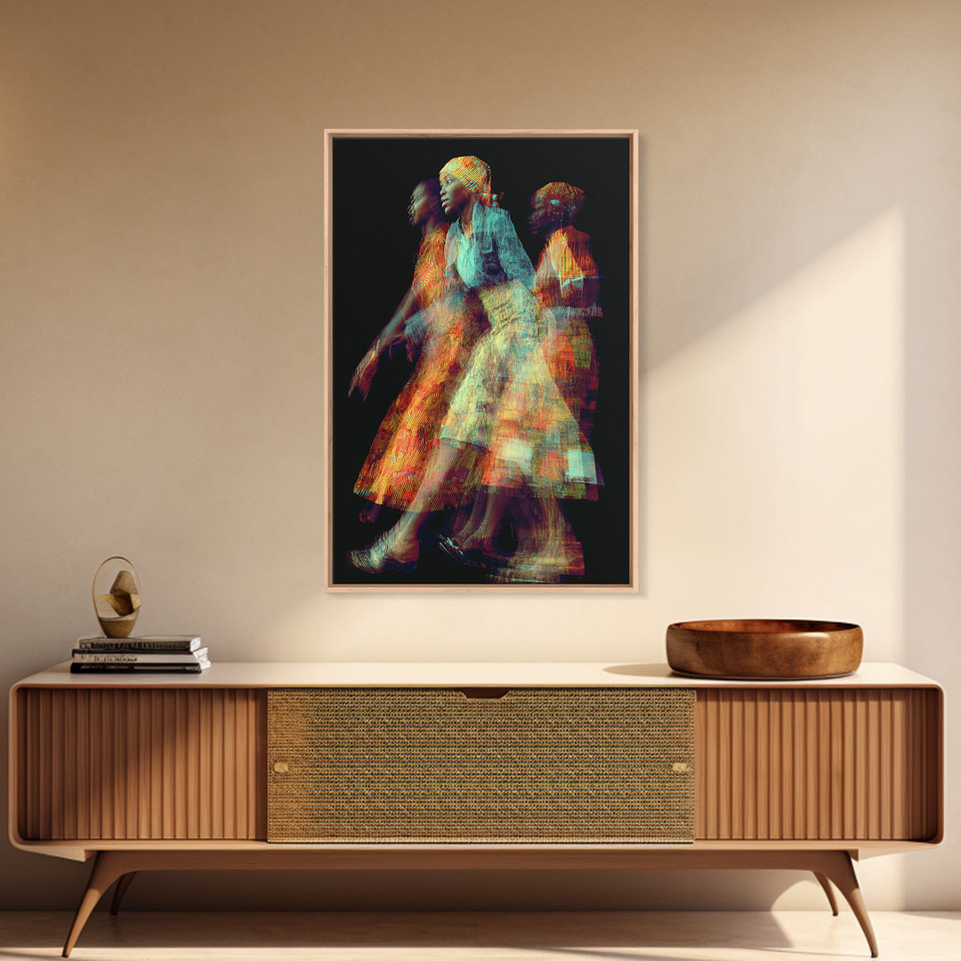 Glowing African Women In Motion Framed Canvas Print, Abstract Textile Portrait, Afrocentric Black Woman Wall Decor Art Gift