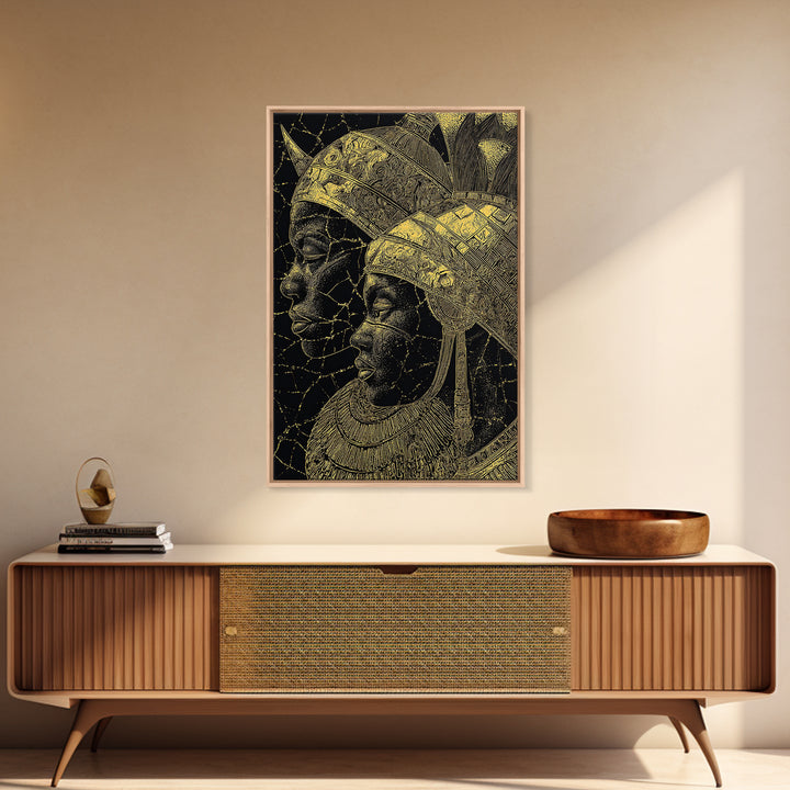 Black And Gold African Queen Profiles Framed Canvas Print, Afrocentric Wall Decor, Tribal Portrait, Elegant Home Art, Luxury Gift