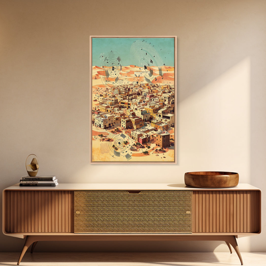 Desert City With Abstract Sound Waves Wall Art, North African Landscape Print, Modern Travel Poster, Earth Tone Home Decor