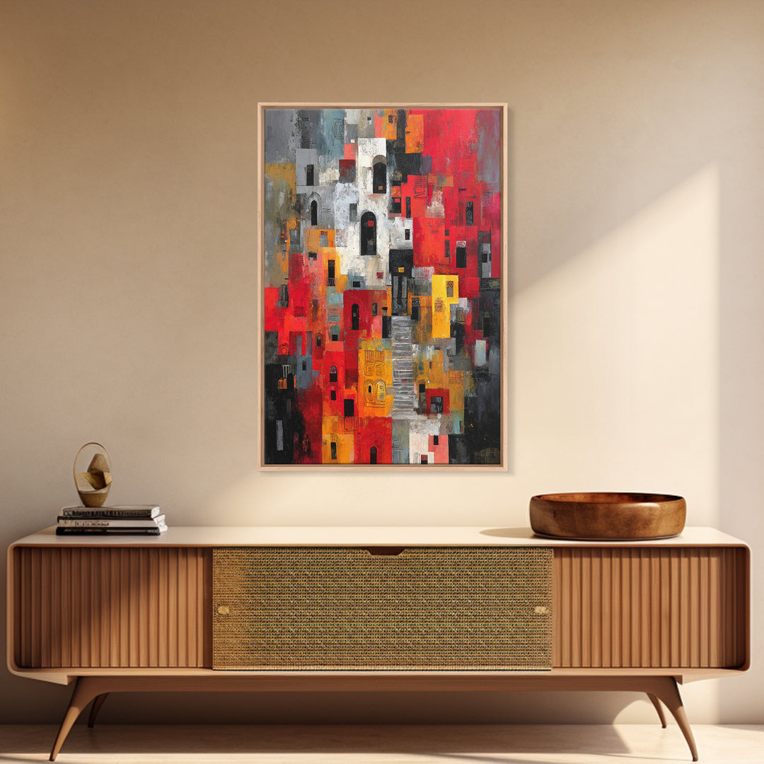 Red Black Abstract City Facades Framed Canvas Print, Modern African Wall Art, Urban Architecture Decor, Bold Home Decor Art