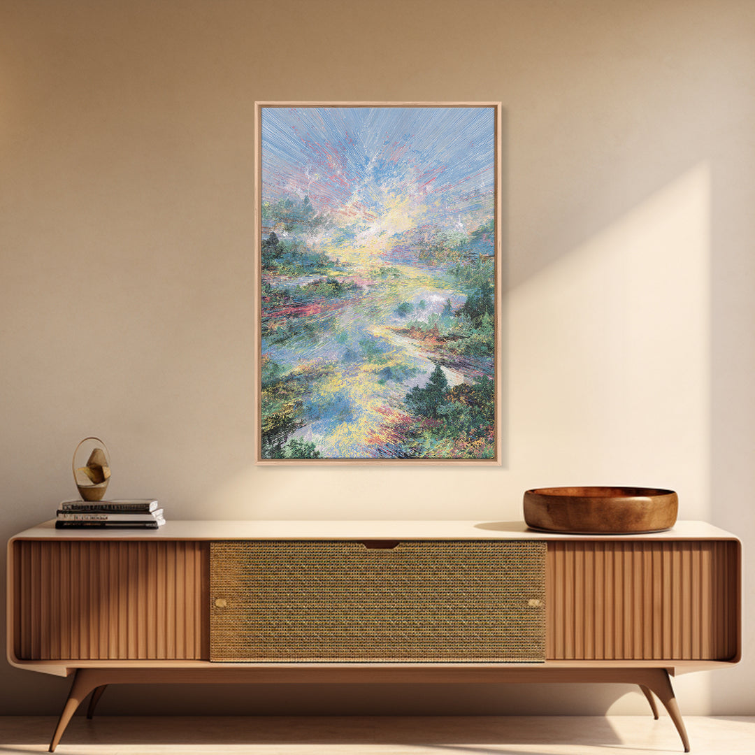 Luminous River Sunrise Landscape Framed Canvas Print, Dreamy Wall Art, Nature Scene Art, Serene Living Room Decor, Home Decor Gift