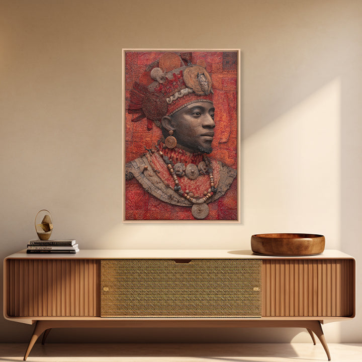 Ornate African Royal Man With Headdress Framed Canvas Print, African Portrait, Tribal Art Print, Red Cultural Wall Decor