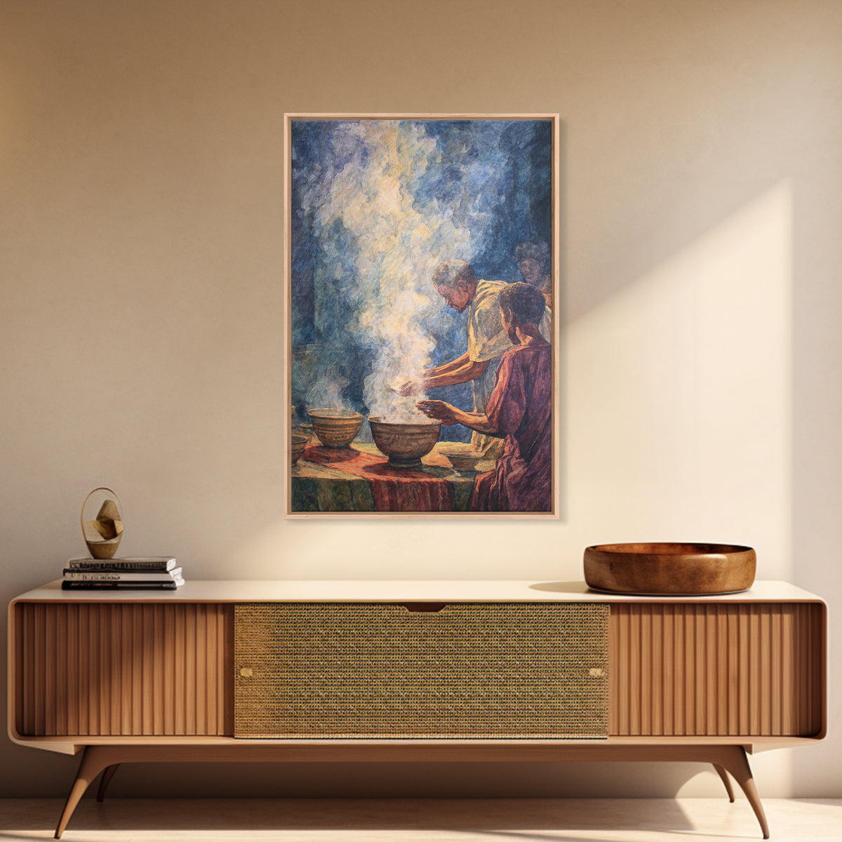 African Community Cooking Ritual With Steaming Bowls Wall Art, Cultural Home Decor, Ethnic Art Print, Warm Kitchen Poster