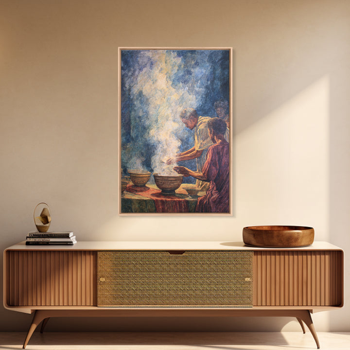 African Community Cooking Ritual With Steaming Bowls Wall Art, Cultural Home Decor, Ethnic Art Print, Warm Kitchen Poster