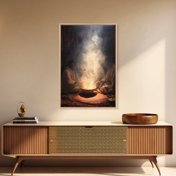 Two African Men Beside Smoky Ritual Pot Framed Canvas Print, Spiritual Wall Art, Cultural Decor, Earth Tone Home Decor Gift