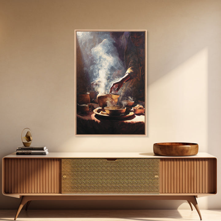 Steaming African Tea And Coffee Ceremony Still Life Canvas Print, Warm Kitchen Wall Art, Cultural Decor, Brown Black Art Decor