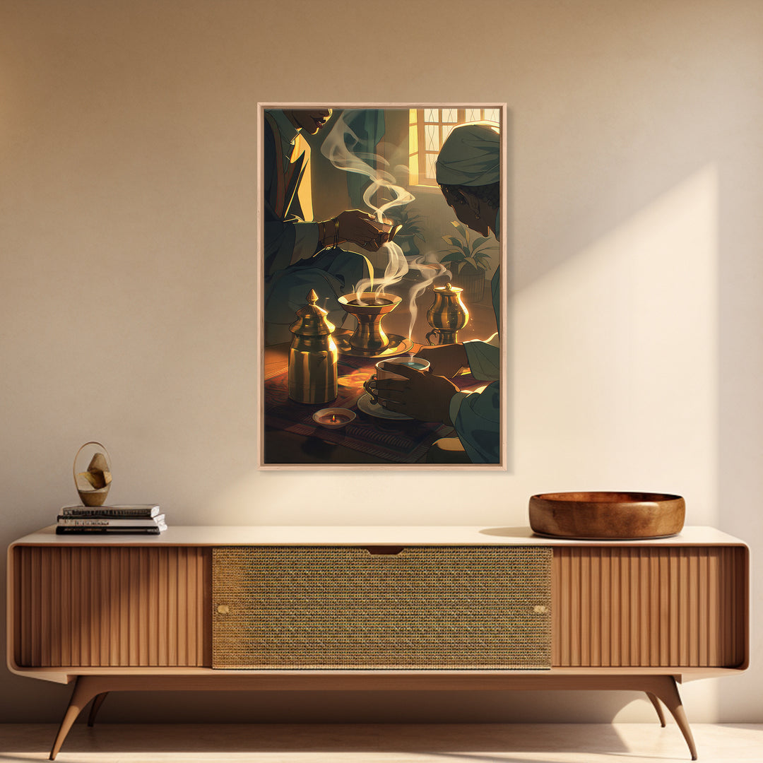 Sunlit African Tea Ceremony With Brass Vessels Wall Art, Afrocentric Decor, Boho Home Decor, Warm Cultural Canvas Print Gift