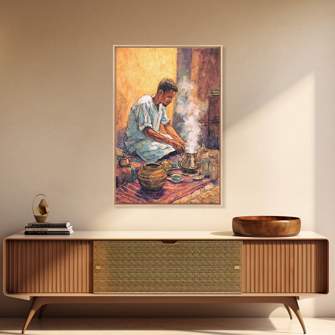 Seated African Man Preparing Smoky Coffee Canvas Print, Cultural Wall Art, Earth Tone Decor, Bohemian Home Decor Gift For Him