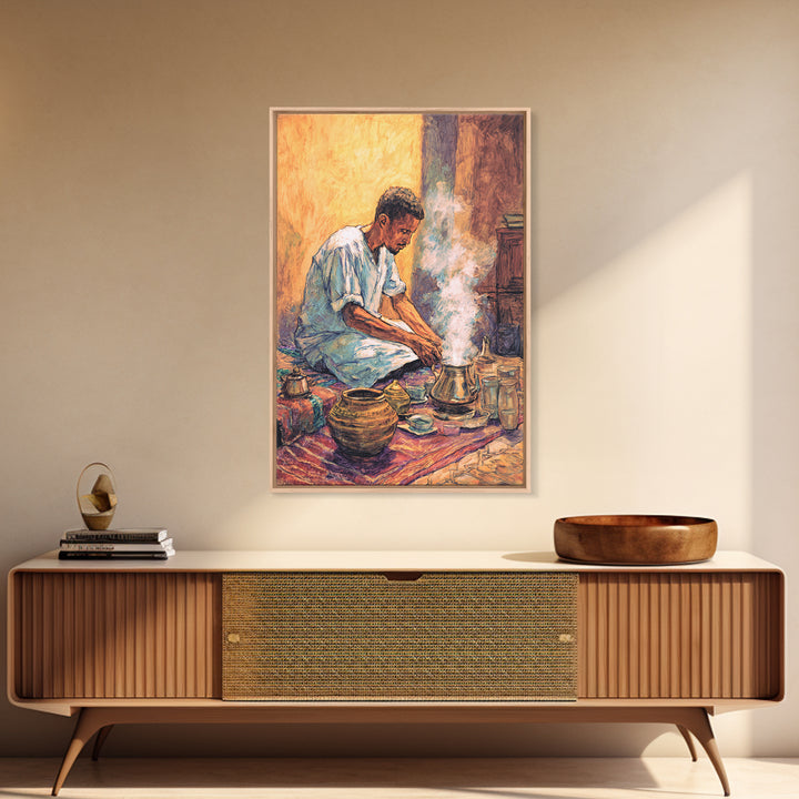 Seated African Man Preparing Smoky Coffee Canvas Print, Cultural Wall Art, Earth Tone Decor, Bohemian Home Decor Gift For Him