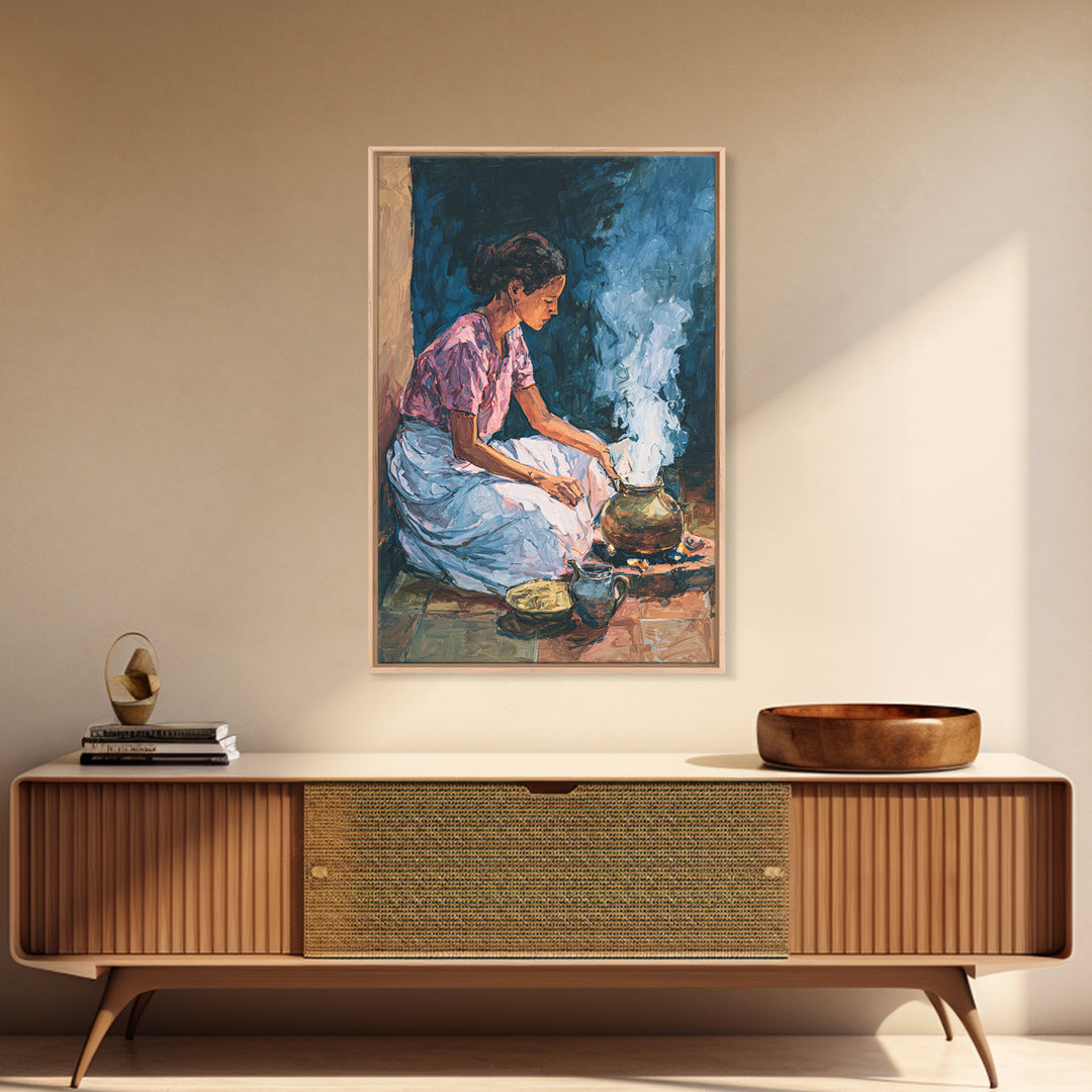 African Woman Cooking Steam Wall Art, Afrocentric Kitchen Portrait Canvas Print, Cultural Home Decor, Gift For Her, Blue Orange Painting