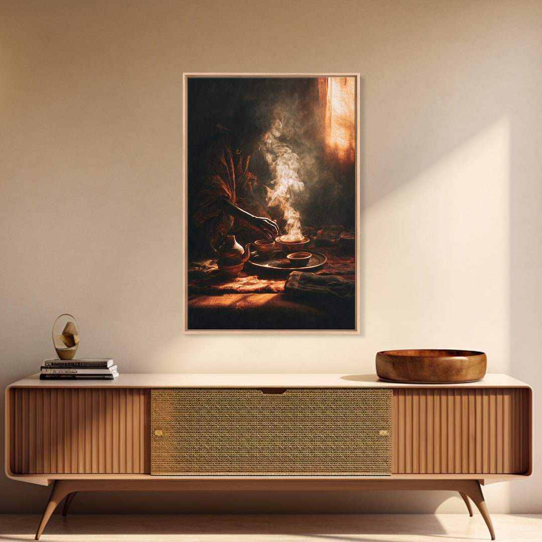 Moody African Woman Tea Ritual Wall Art, Incense Smoke Canvas Print, Afrocentric Decor, Black Culture Art, Gift For Her, Home Decor