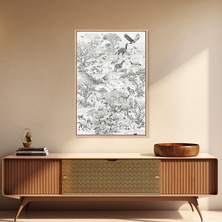 Intricate Monochrome African Safari Map Wall Art, Serengeti Animals, Elephant, Zebra, Giraffe, Travel Inspired Home Decor