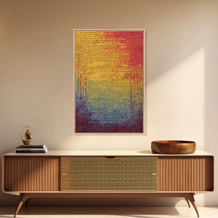 Colorful Gradient Ancient Manuscript Wall Art, Red Yellow Blue Abstract Script, Modern Canvas Print, Vibrant Home Decor Gift