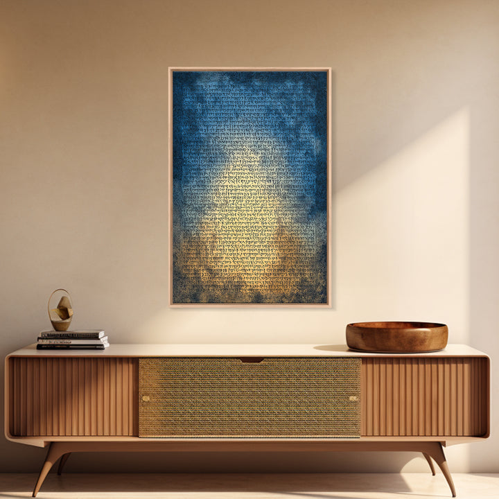 Blue Ancient Script Manuscript Canvas Print, Glowing Parchment Wall Art, Spiritual Cultural Decor, Elegant Office Gift For Her